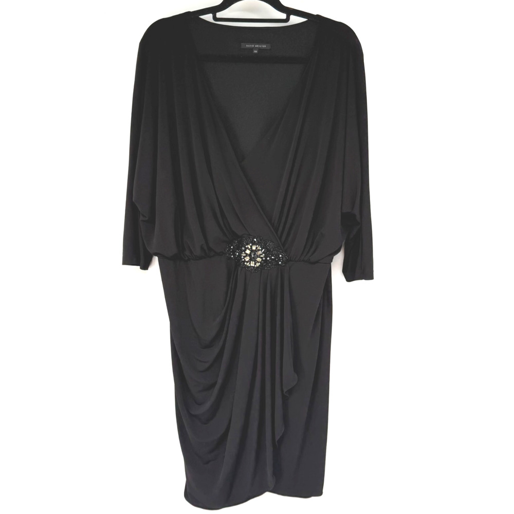 David Meister Black Draped Cocktail Dress with Embellished Waist
